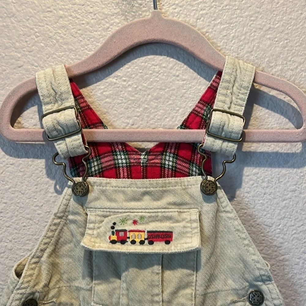 Oshkosh B’Gosh Christmas Train Plaid Overalls Size 12 Months